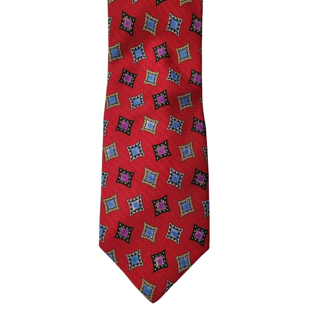 Jos A Bank Premier Collection Red Silk Geometric Men's Necktie‎ Hand sewn